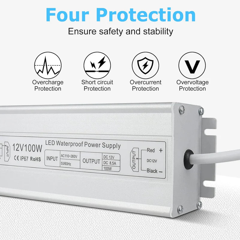 12V Waterproof LED Power Supply, 30W–300W Outdoor LED Driver, 90–265V AC Input, Single or Dual Wire Output, CE/RoHS/FCC Certified, US / UK / EU Plug &amp; Wire Lead Options