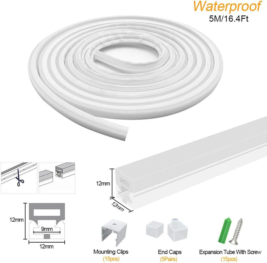 S1212 Neon Light Housing – 12x12mm | Silicone LED Channel System | 8mm PCB Width | IP67 Waterproof | 16.4FT/5M | Local Stock US/UK/DE
