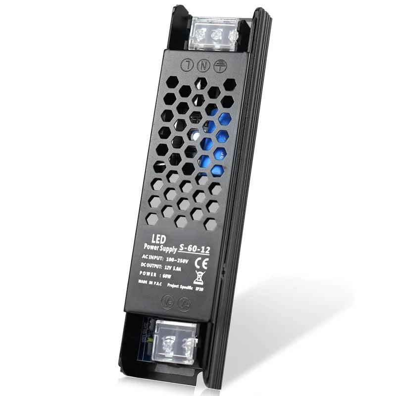 Slim Black DC 12V/24V 36W–200W Switching Power Supply, AC 110–250V Input, Narrow Type LED Transformer, Compact Metal Housing, CE/FCC/RoHS Certified