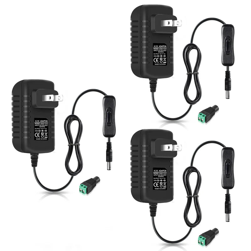 Power Supply Adapter DC 12V with On/Off Switch, 12W–36W Options, AC 100–240V Wall Plug Charger with US Plug, Black/White Housing for LED Strip Lights, Electronics