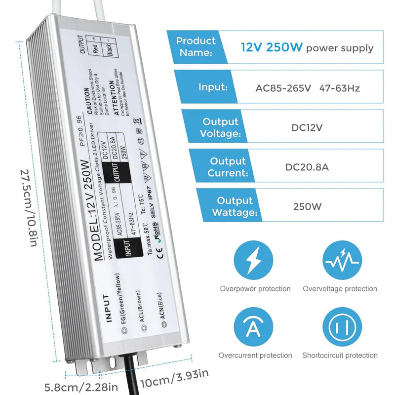 12V Waterproof LED Power Supply, 30W–300W Outdoor LED Driver, 90–265V AC Input, Single or Dual Wire Output, CE/RoHS/FCC Certified, US / UK / EU Plug &amp; Wire Lead Options