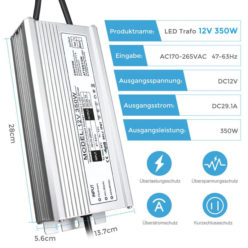 12V Waterproof LED Power Supply – 200W–500W Outdoor LED Driver, 175–265V AC Input, Single or Dual Wire Output, CE/RoHS/FCC Certified, UK/EU Plug & Wire Lead Options