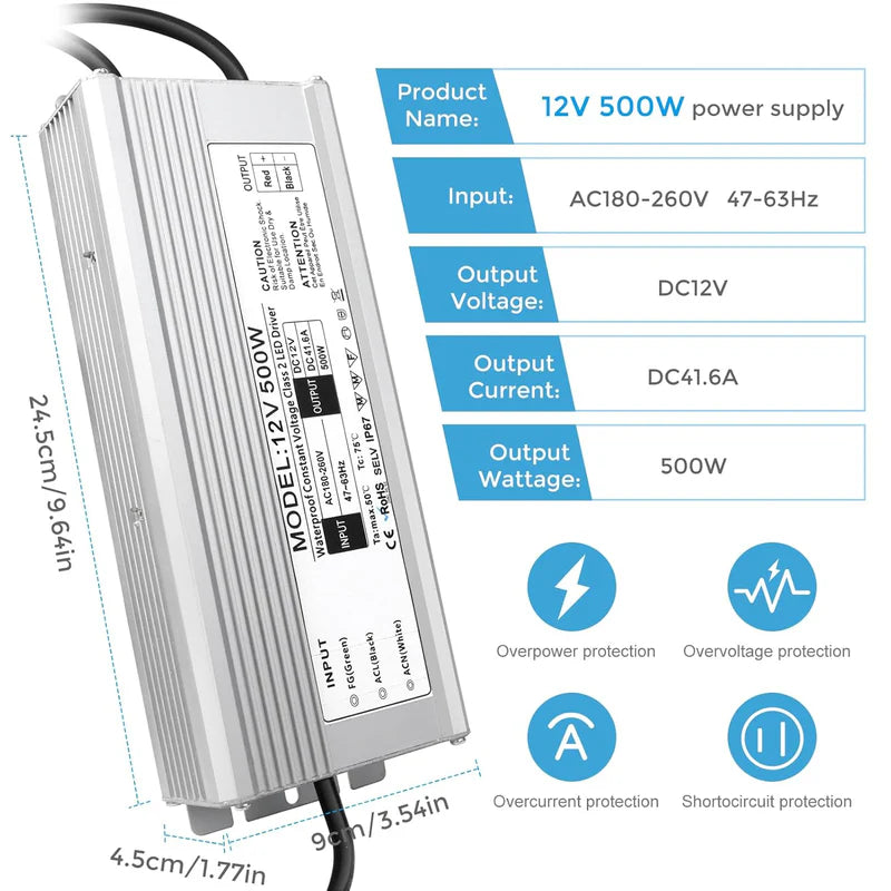 12V Waterproof LED Power Supply – 200W–500W Outdoor LED Driver, 175–265V AC Input, Single or Dual Wire Output, CE/RoHS/FCC Certified, UK/EU Plug & Wire Lead Options