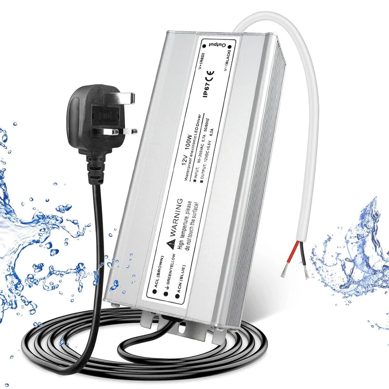 12V Waterproof LED Power Supply, 30W–300W Outdoor LED Driver, 90–265V AC Input, Single or Dual Wire Output, CE/RoHS/FCC Certified, US / UK / EU Plug &amp; Wire Lead Options