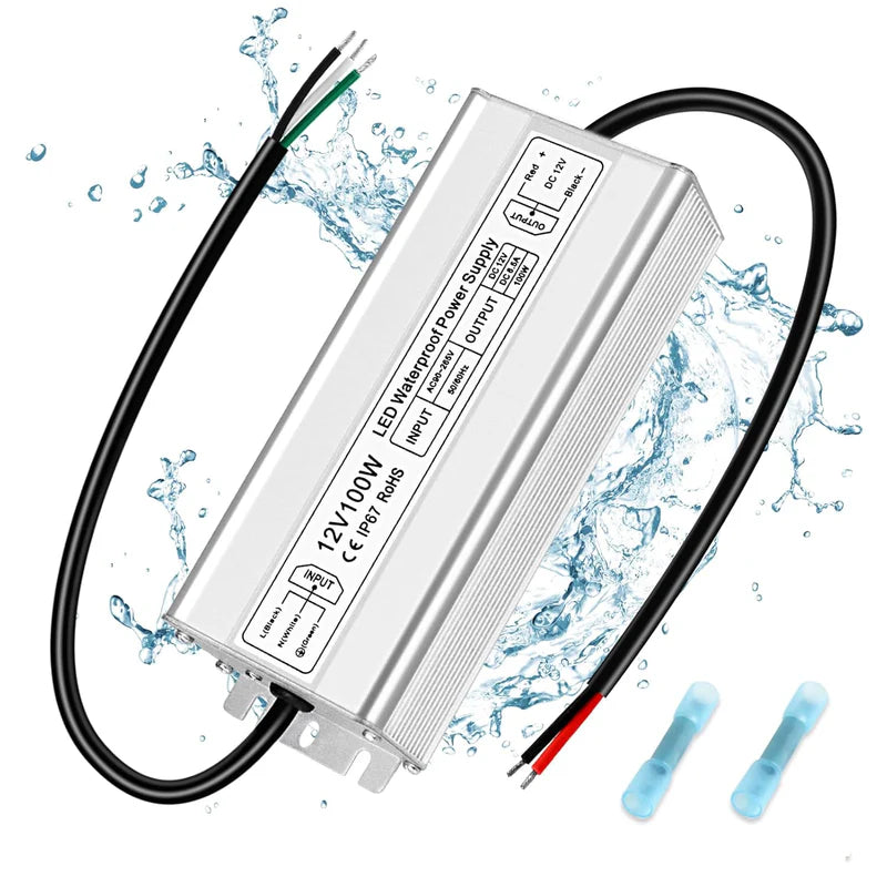 12V Waterproof LED Power Supply, 30W–300W Outdoor LED Driver, 90–265V AC Input, Single or Dual Wire Output, CE/RoHS/FCC Certified, US / UK / EU Plug &amp; Wire Lead Options