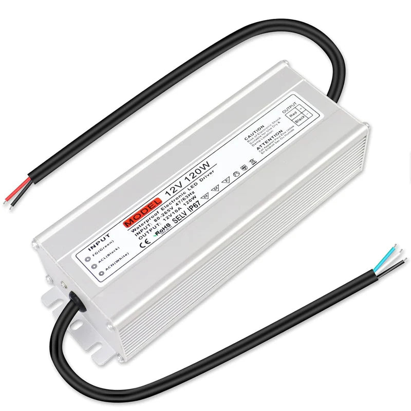 12V Waterproof LED Power Supply, 30W–300W Outdoor LED Driver, 90–265V AC Input, Single or Dual Wire Output, CE/RoHS/FCC Certified, US / UK / EU Plug &amp; Wire Lead Options
