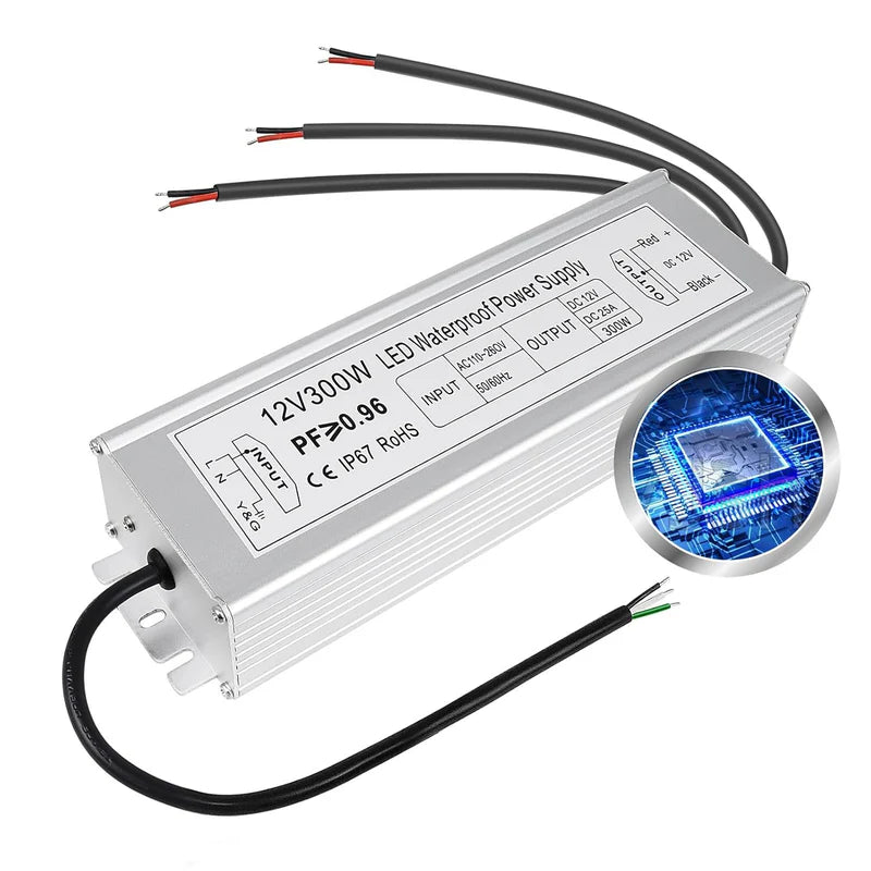 12V Waterproof LED Power Supply, 30W–300W Outdoor LED Driver, 90–265V AC Input, Single or Dual Wire Output, CE/RoHS/FCC Certified, US / UK / EU Plug &amp; Wire Lead Options