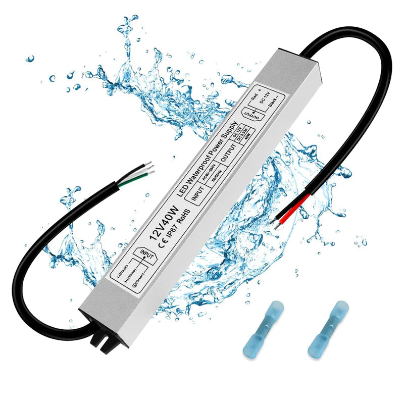 12V Waterproof LED Power Supply, 30W–300W Outdoor LED Driver, 90–265V AC Input, Single or Dual Wire Output, CE/RoHS/FCC Certified, US / UK / EU Plug &amp; Wire Lead Options