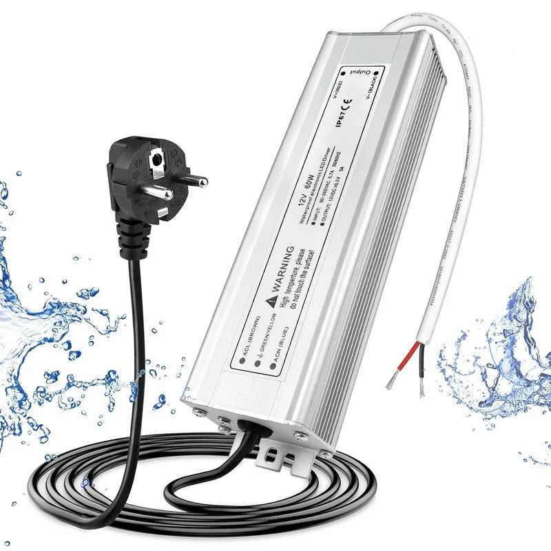 12V Waterproof LED Power Supply, 30W–300W Outdoor LED Driver, 90–265V AC Input, Single or Dual Wire Output, CE/RoHS/FCC Certified, US / UK / EU Plug &amp; Wire Lead Options