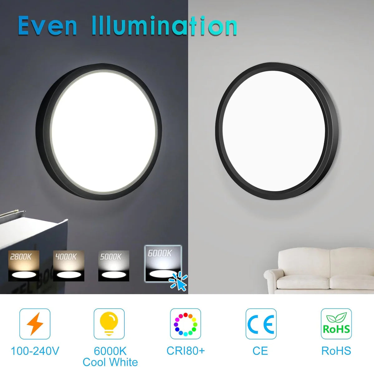 AC 220–240V Round Black LED Ceiling Light, 12W / 18W / 24W / 32W Options 3000K / 4500K / 5000K / 6500K Flush Mount Ceiling Light Local Stock (UK/DE)
