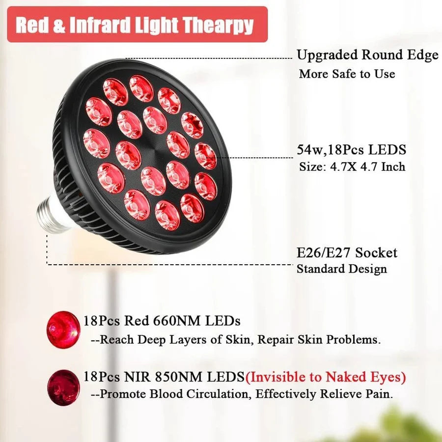 54W PAR38 Infrared Therapy LED Bulb – Dual Chip Red 660nm & Near Infrared 850nm | E26 / E27 Base | With / Without Desktop Clamp | Plug-In Design | for Skin Care & Muscle / Joint Relief | US / EU Plug