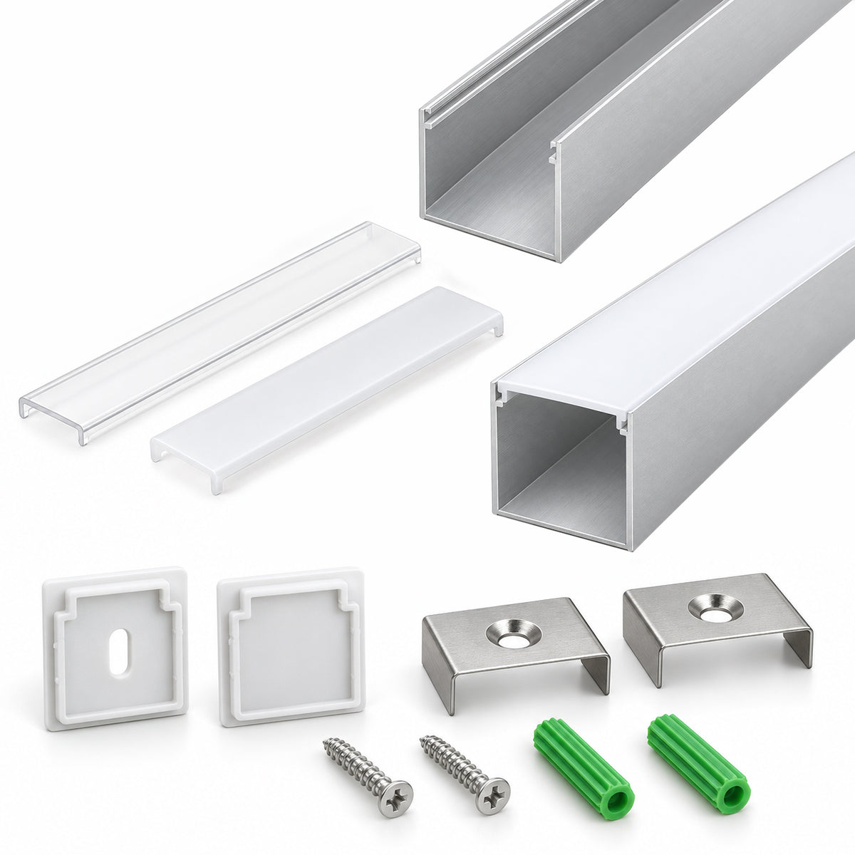 Sliver U06 24 x 24 mm, silberner U-förmiger LED-Aluminiumkanal, schwarzes Gehäuse, Innenbreite 20 mm, mit weißer Diffusor-Abdeckung, Endkappen und Befestigungsclips für die punktfreie Installation von LED-Lichtstreifen