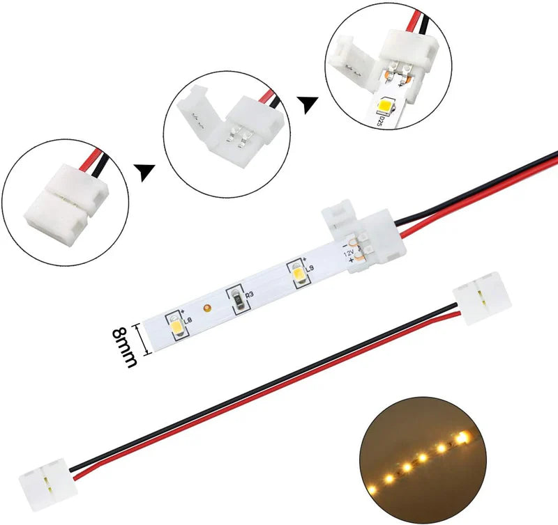 LightingWill LED Strip Connector 8mm 2Pin Solderless Clips, LED Light Strip Connector Strip to Wire Strip to Strip DC Adapter L T Connectors, 10 Pack, Local Stock US UK