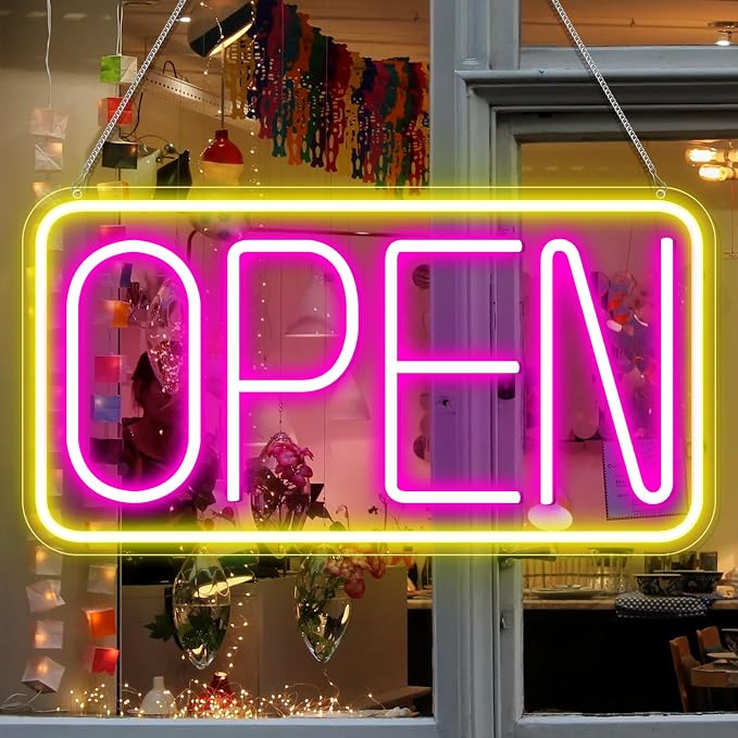 OPEN Silicone LED shop signs – USB Powered | 16.5×9 inch | Yellow + Pink Glow | LED Window Hanging Light for Cafes, Restaurants & Retail Shops