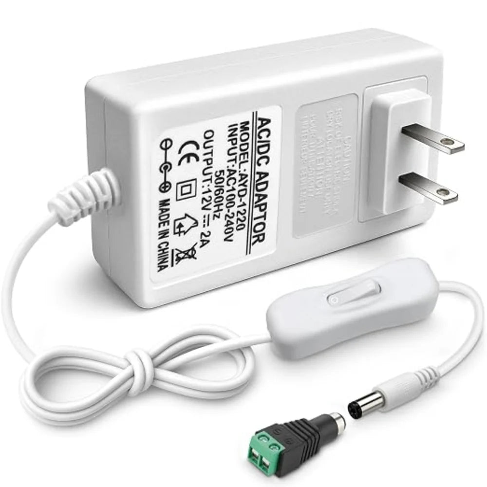 DC 12V Plug-in LED Adapter with On/Off Switch, 24W, US Plug, White Housing, 100–240V AC Input - Power Supply for LED Strip Lights, Decorative Lighting and Home Projects