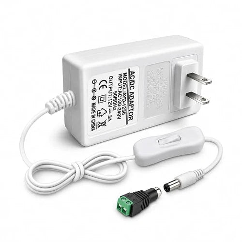 DC 12V Plug-in LED Adapter with On/Off Switch, 36W, US Plug, White Housing, 100–240V AC Input - Power Supply for LED Strip Lights, Decorative Lighting and Home Projects