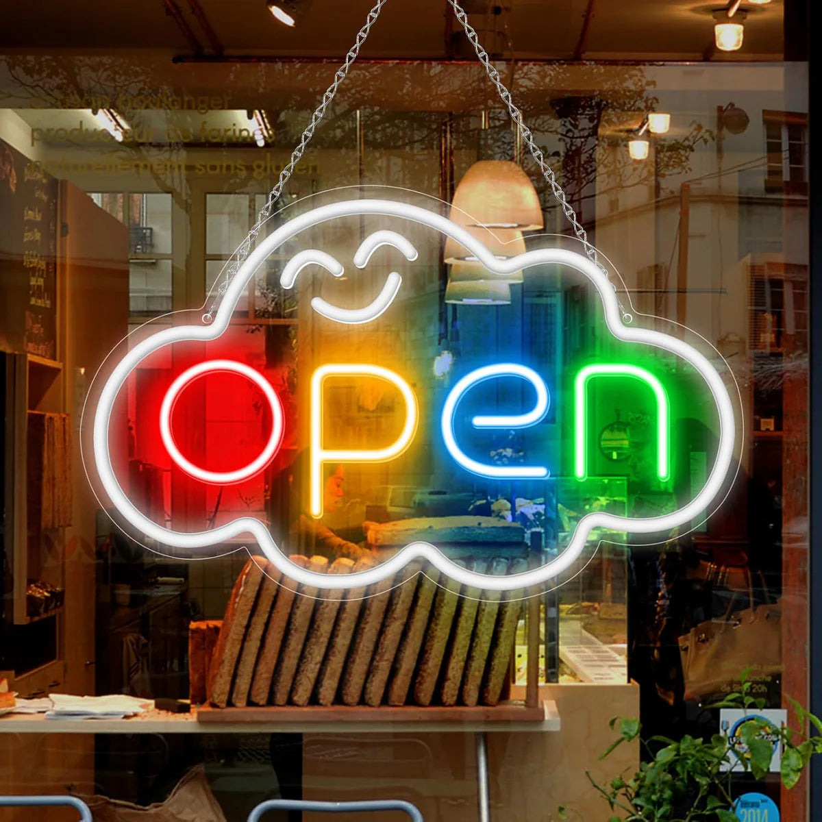 OPEN LED Sign – Fixed Rainbow Glow Neon Sign | Cloud Shape | 2 Sizes | Window Hanging | Plug & Play for Storefronts