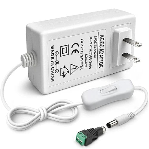 DC 24V Plug-in LED Adapter with On/Off Switch, 72W, US Plug, White Housing, 100–240V AC Input - Power Supply for High Power LED Strip Lights and Home Lighting