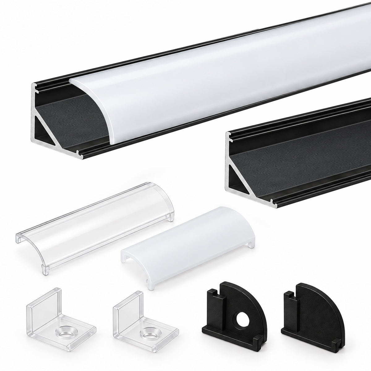 Schwarzer V02 16x16mm V-förmiger gebogener Abdeckungskanal, Innenbreite 12mm, Eckmontage, LED-Aluminiumkanal mit Endkappen und Montageklammern, Aluminiumprofil