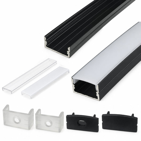 Schwarzes U04 10 x 23 mm U-förmiges Innenmaß 20 mm LED-Aluminium-Kanalsystem mit Abdeckung, Endkappen und Befestigungsklammern, Aluminium-Strangpressprofil für die Installation von LED-Lichtstreifen