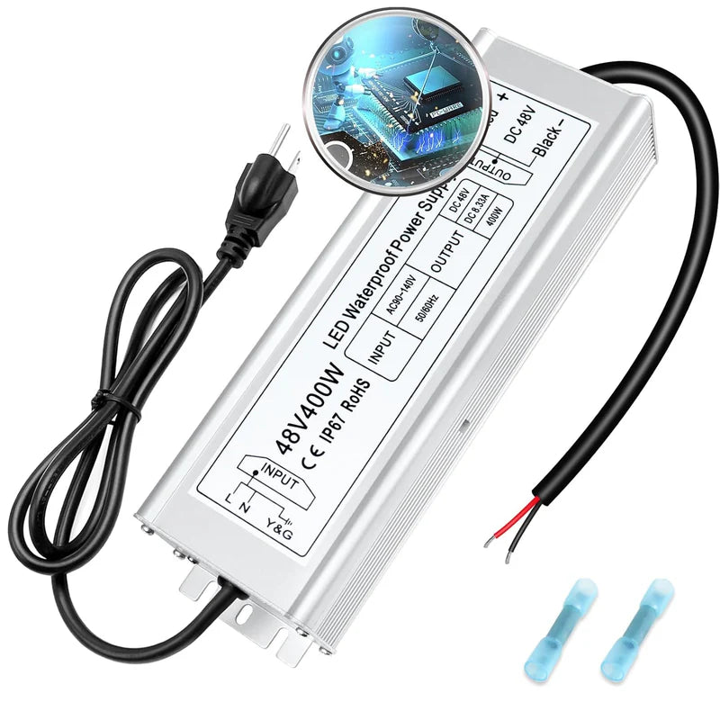 48V IP67 Waterproof LED Driver – 100W–400W Constant Voltage Power Supply, 90–140V AC Input, Single Output, CE/RoHS/FCC Certified, US Plug & Wire Lead Options