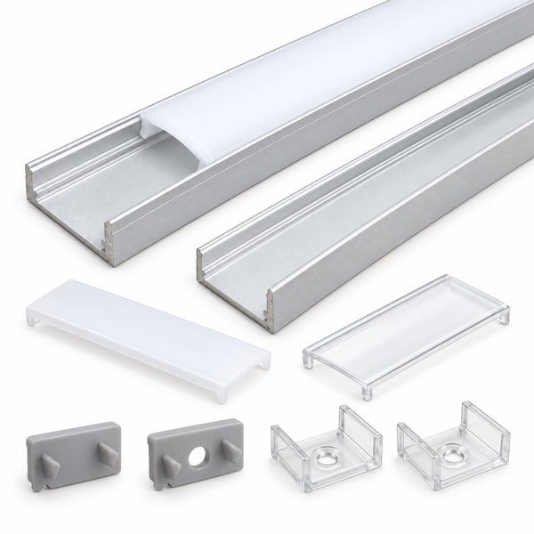 Silbernes U02 9 x 17 mm U-förmiges Innenprofil, Breite 12 mm, LED-Aluminium-Kanalsystem mit Abdeckung, Endkappen und Befestigungsclips für die Installation von LED-Lichtstreifen