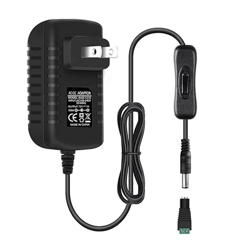DC 12V Plug-in LED Adapter with On/Off Switch, 24W, US Plug, Black Housing, 100–240V AC Input - Power Supply for LED Strip Lights, Under Cabinet Lighting and Home Lighting