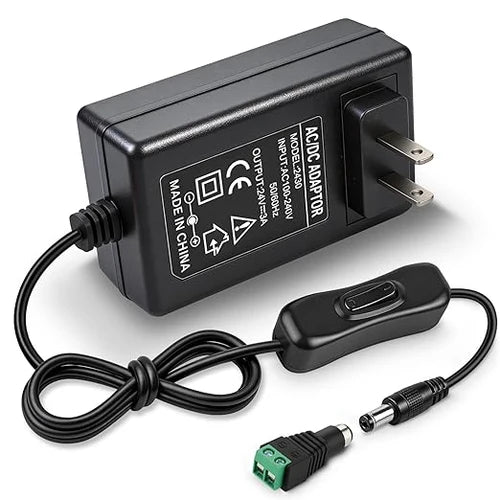 DC 24V Plug-in LED Adapter with On/Off Switch, 72W, US Plug, Black Housing, 100–240V AC Input - Power Supply for High Power LED Strip Lights and Decorative Lighting