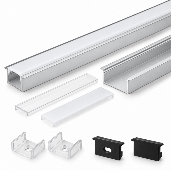 Silbernes U01 9 x 23 mm U-förmiges Innenprofil, Breite 12 mm, LED-Aluminium-Kanalsystem mit Abdeckung, Endkappen und Befestigungsclips für die Installation von LED-Lichtstreifen