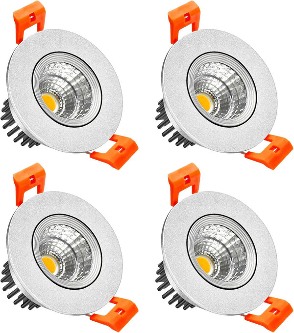 3W/5W/9W COB LED Downlight, 2700–6000K, Silver Housing, TRIAC Dimmable, 100–130V / 200–240V, 4 Pack for Home & Living Spaces