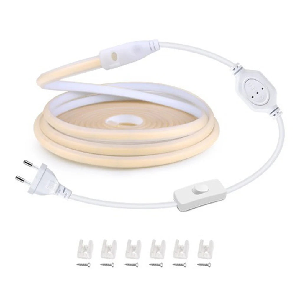 LightingWill AC110V/220V COB Flexible LED Strip Light 3000K/6500K, IP65 Waterproof High Brightness Spotless LED Tape with Inline Power Switch, for Cabinets, Kitchen and Office Lighting, US/EU Plug, 5/50M