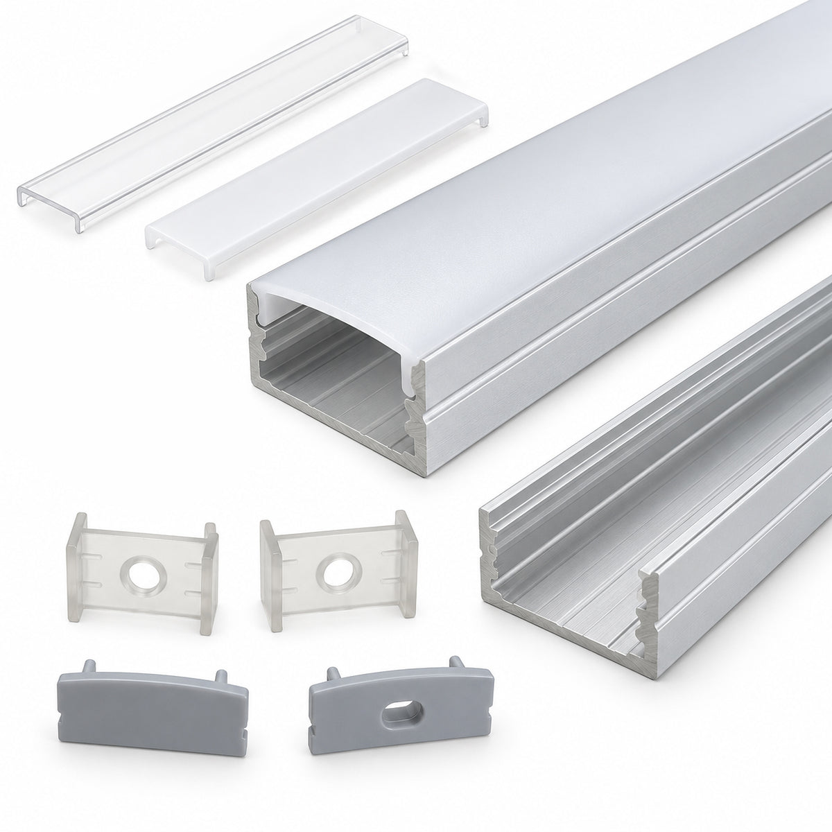 Silver U04 10x23mm U-Shape LED Aluminum Channel, 20mm Inner Width, with Cover, End Caps & Mounting Clips