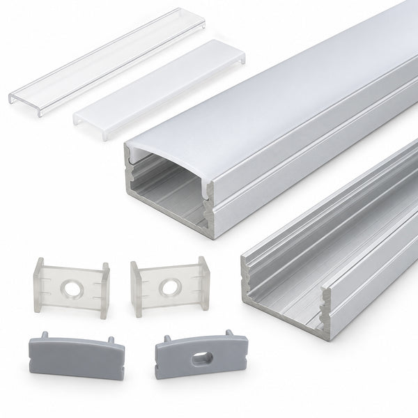 Silber U04 10 x 23 mm U-Form Innenbreite 20 mm LED-Aluminium-Kanalsystem mit Abdeckung, Endkappen und Montageklammern Aluminium-Strangpressprofil für die Installation von LED-Lichtstreifen