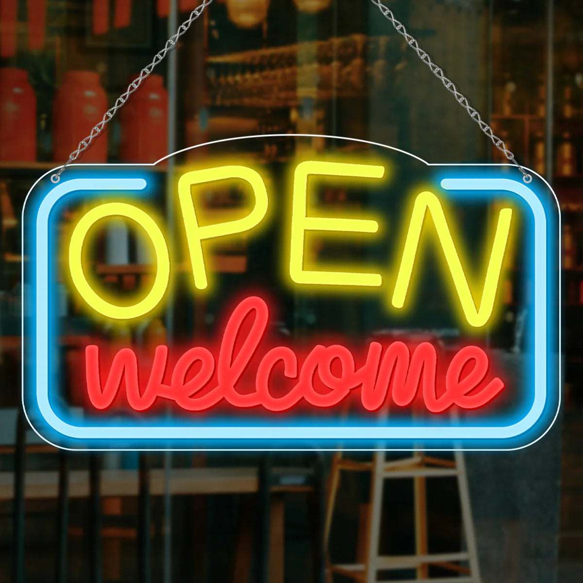 OPEN Welcome Neon Sign – 2 Color Options | USB Powered | 17×10 inch (43×25 cm) | LED Light for Storefront Window