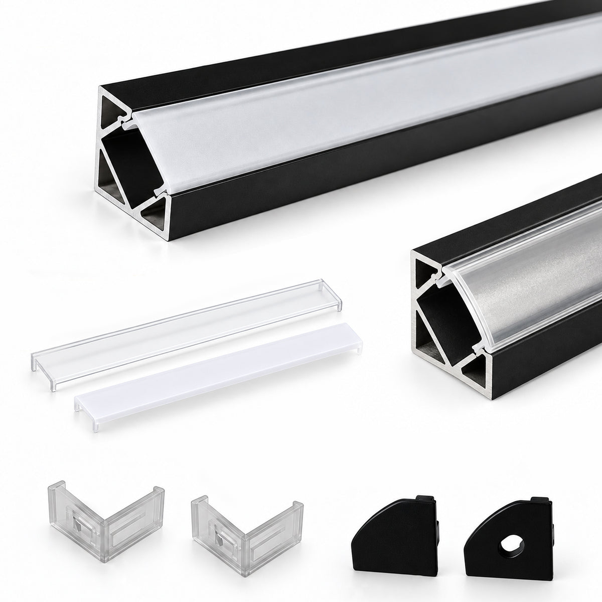Black V03 18x18mm V-Shape Corner-Mount LED Aluminum Channel, 12mm Inner Width, with Cover, End Caps & Mounting Clips