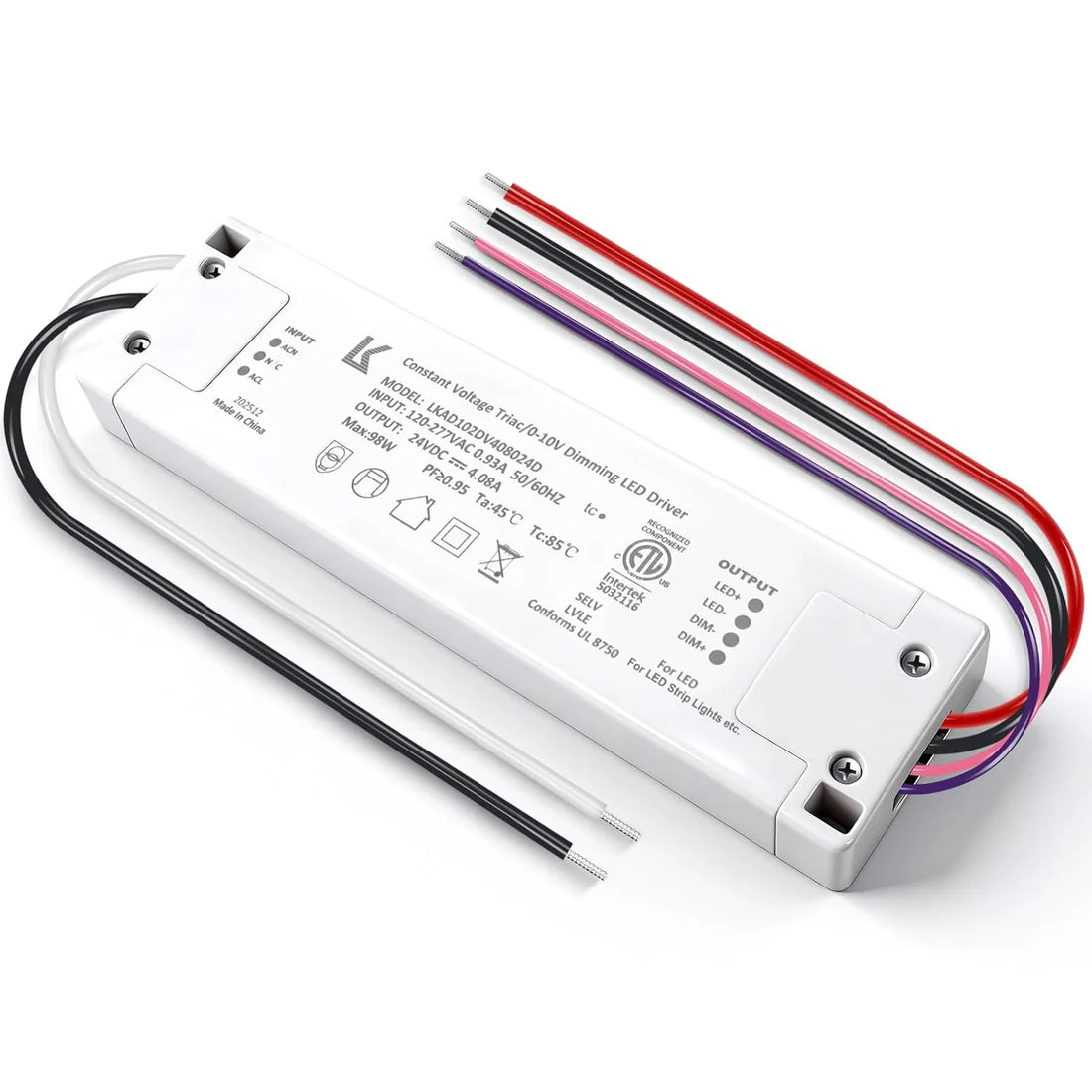 100W 24V DC Plastic Case Triac Dimmable LED Driver, ETL Listed, AC 120-277V Input, LED Driver for LED Strip Lighting / Under Cabinet Lighting / Home Ambient Lighting