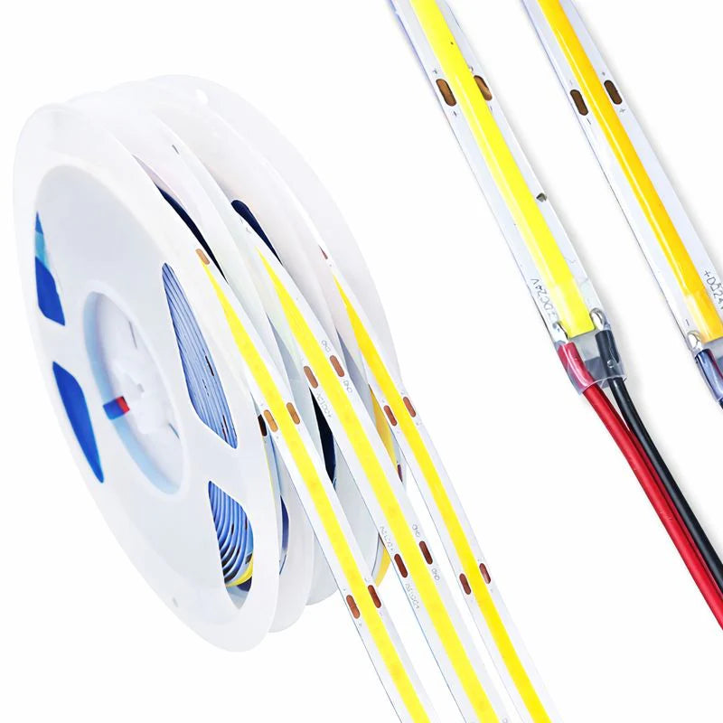 COB LED Strip Light 12V/24V 320/480/512LEDs/M, 8mm Flexible Dot-Free LED Tape, CRI80+ High Brightness Non-Waterproof, 3000K/4000K/6500K & RGB Colors for Cabinet Kitchen Lighting, 5M/10M Pack