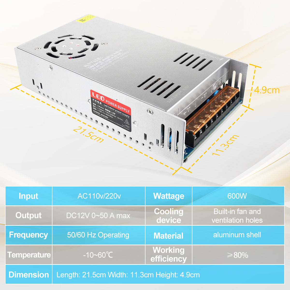 DC 12V LED Switching Power Supply 350W–600W, AC 110/220V Input, High Power LED Driver Transformer, Cooling Fan Metal Case, CE/FCC/RoHS Certified