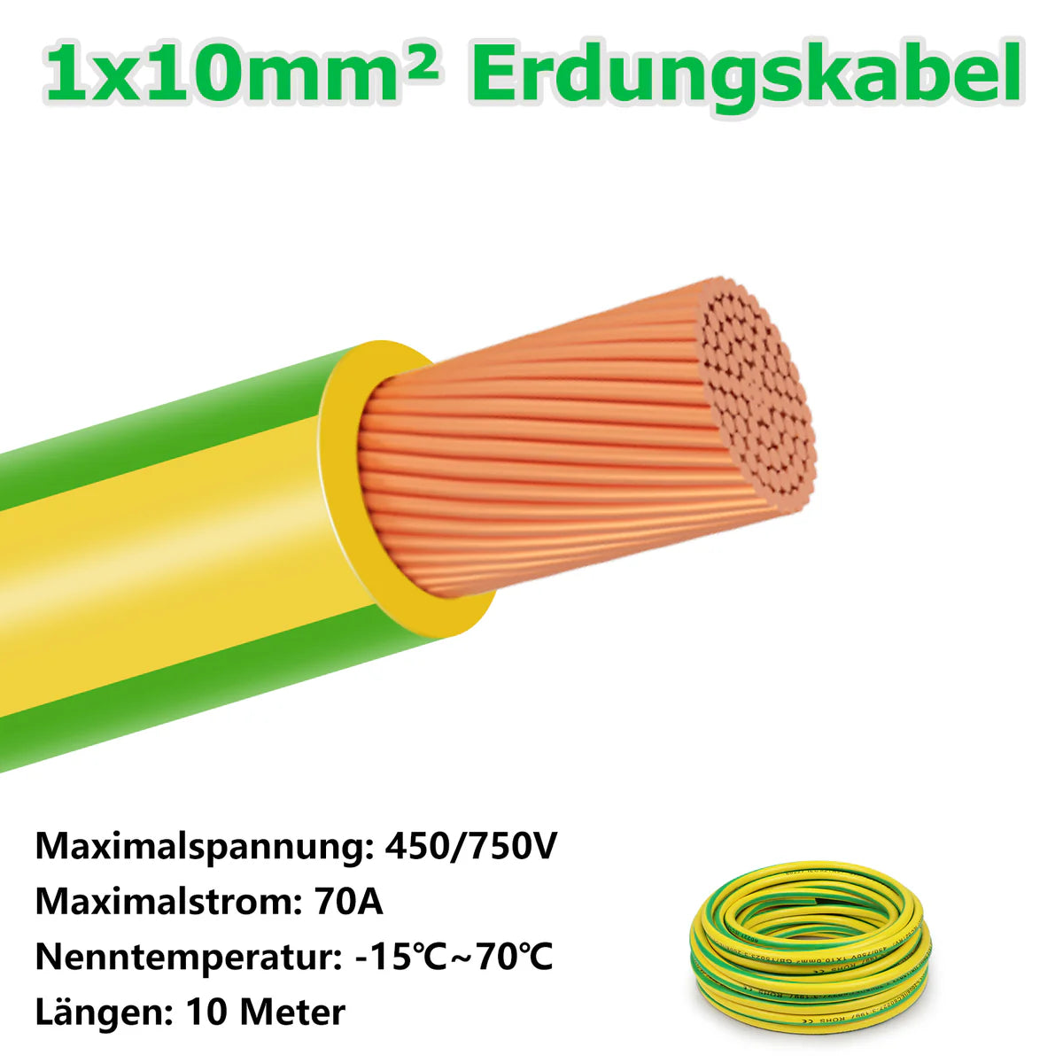10mm² Electrical Earth Wire 10m–30m, Heavy Duty Wiring for Grounding, Power and Industrial Installations, Flexible Green-Yellow Ground Cable PVC Insulated