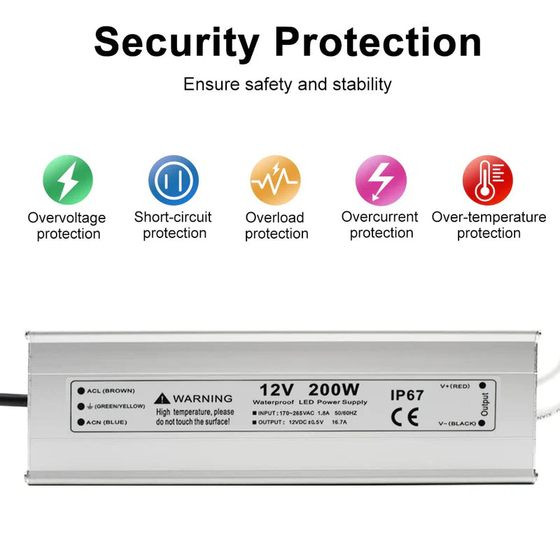 12V Waterproof LED Power Supply – 200W–500W Outdoor LED Driver, 175–265V AC Input, Single or Dual Wire Output, CE/RoHS/FCC Certified, UK/EU Plug & Wire Lead Options