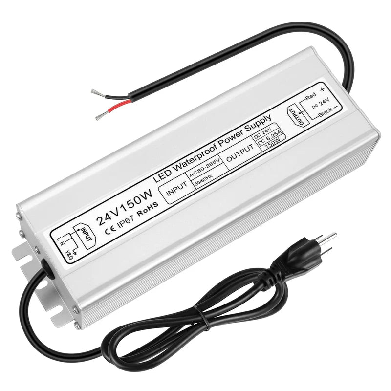 24V Waterproof LED Power Supply – 30W–300W Outdoor LED Driver, 90–265V AC Input, Single or Dual Wire Output, CE/RoHS/FCC Certified, US/UK/EU Plug & Wire Lead Options