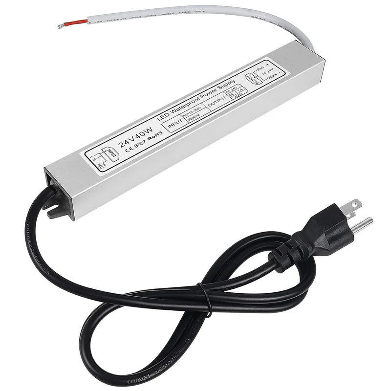 24V Waterproof LED Power Supply – 30W–300W Outdoor LED Driver, 90–265V AC Input, Single or Dual Wire Output, CE/RoHS/FCC Certified, US/UK/EU Plug & Wire Lead Options