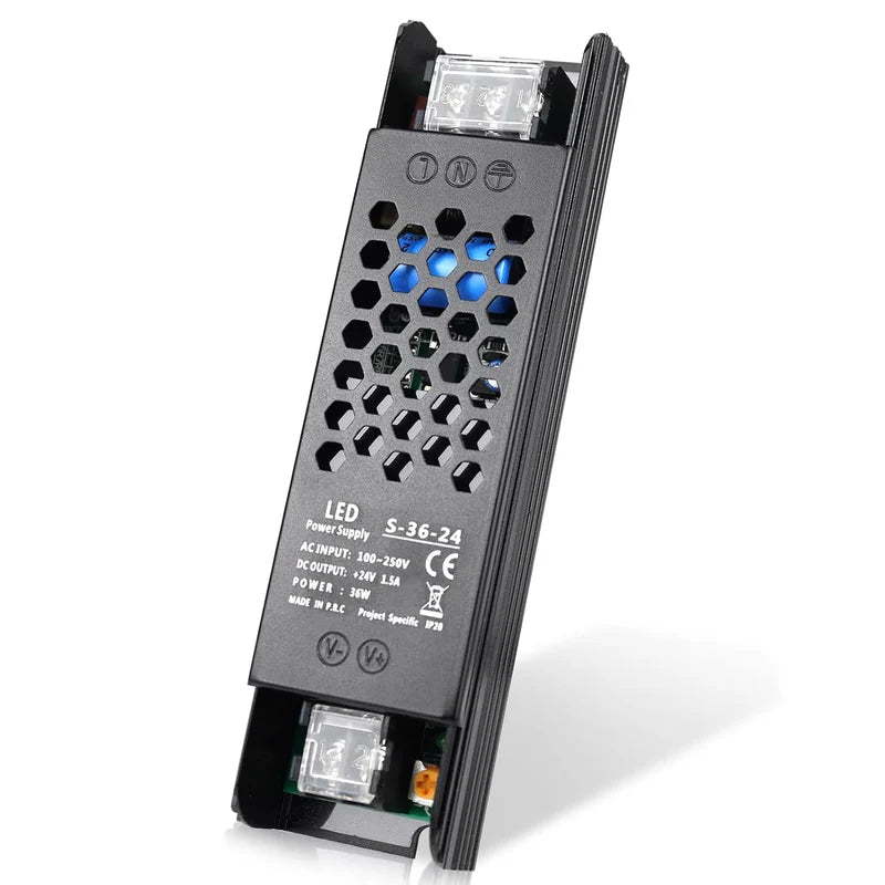 Slim Black DC 12V/24V 36W–200W Switching Power Supply, AC 110–250V Input, Narrow Type LED Transformer, Compact Metal Housing, CE/FCC/RoHS Certified