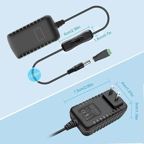DC 12V Plug-in LED Adapter with On/Off Switch, 24W, US Plug, Black Housing, 100–240V AC Input - Power Supply for LED Strip Lights, Under Cabinet Lighting and Home Lighting