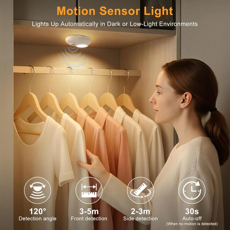 LightingWill Rechargeable Pebble LED Closet Light 4/6 Pack 3 LEDs, 3 Color Modes 3000K / 4000K / 6000K Motion Sensor Dimmable Cabinet Light, Tap Switch, White Finish, Magnetic Mounting