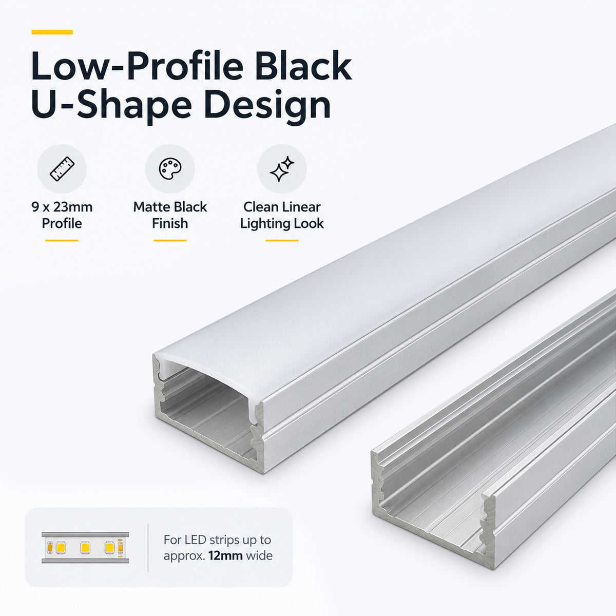 Silver U04 10x23mm U-Shape LED Aluminum Channel, 20mm Inner Width, with Cover, End Caps & Mounting Clips