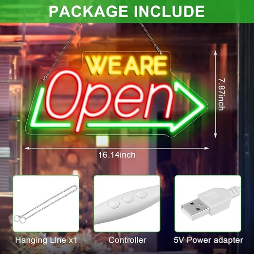 WE ARE OPEN Integrated LED shop signs – USB Powered | 16.1×7.8 inch | Arrow Shape LED Window Sign |  Yellow + Red + Green Glow for Cafes, Restaurants & Retail Shops