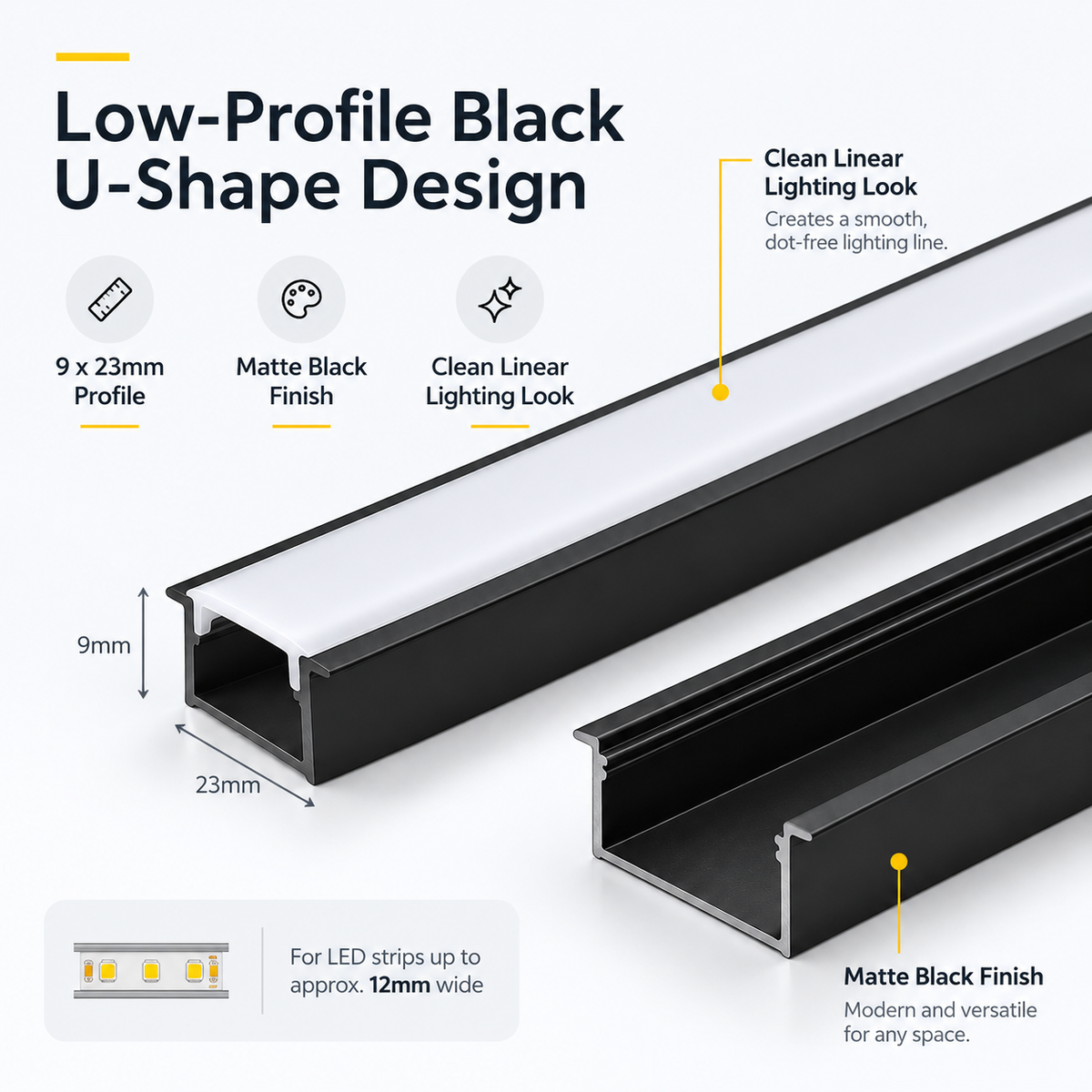 Black U01 9×23mm U-Shape LED Aluminum Channel, 12mm Inner Width, with Cover, End Caps & Mounting Clips