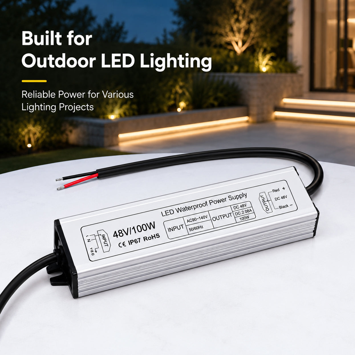 100W 36V/48V Waterproof LED Power Supply, 175-265V Input, Single Output, Aluminum Housing, Outdoor LED Lighting Driver, CE/RoHS/FCC Certified, US/UK/EU Plug