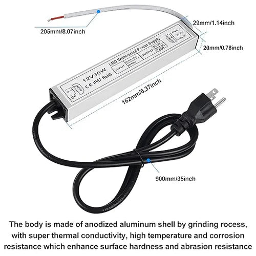 30W 12V/24V Waterproof LED Power Supply, 90-265V Input, Single Output, Aluminum Housing, Outdoor LED Lighting Driver, CE/RoHS/FCC Certified, US/UK/EU Plug